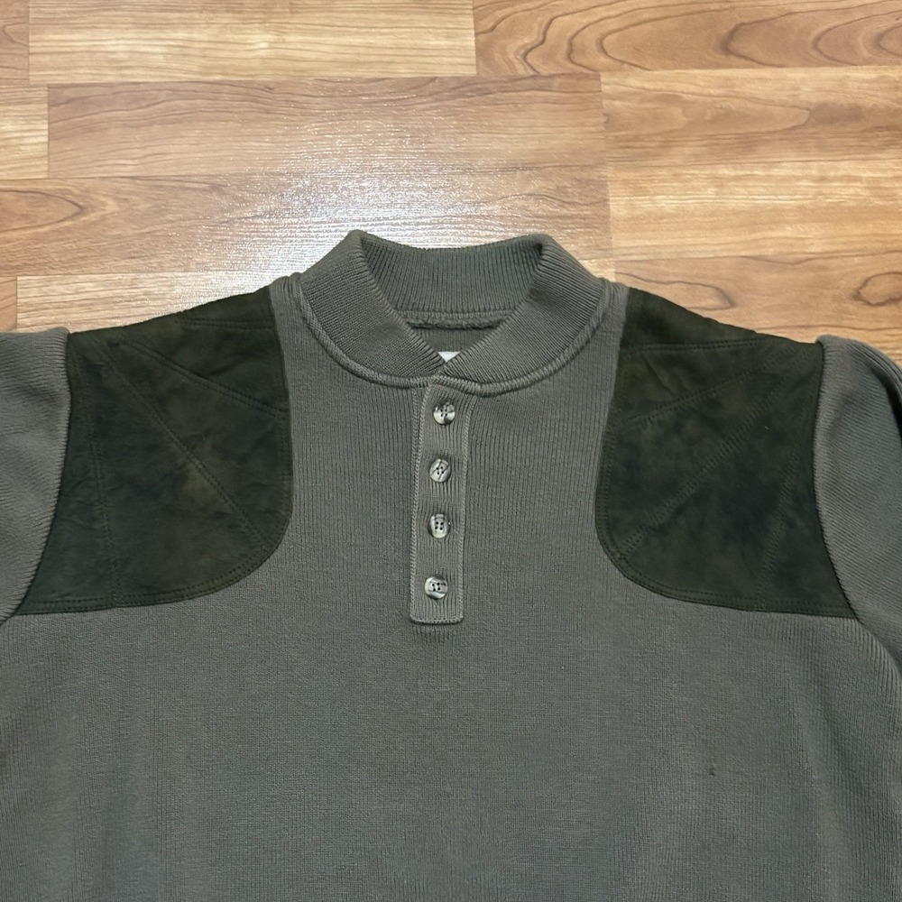Filson Mens Peat Green Virgin Wool Shoulder Panels Henley Guide Sweater Size S/M - Picture 9 of 12